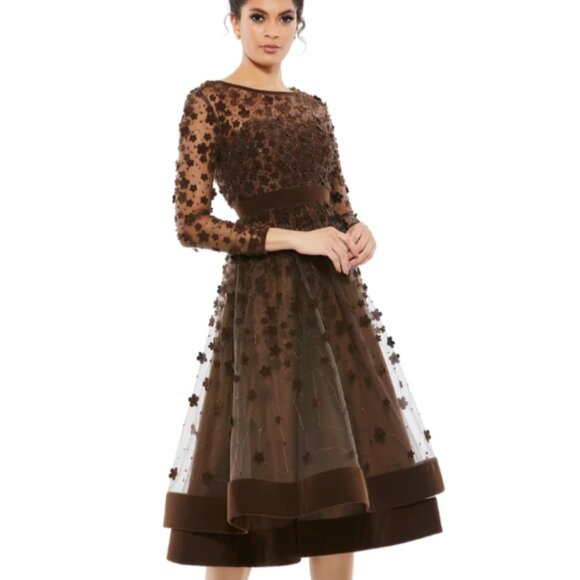 MAC DUGGAL 67007 EMBELLISHED ILLUSIONS HIGH NECK LONG SLEEVE COFFEE DRESS sz 16 - Picture 4 of 4